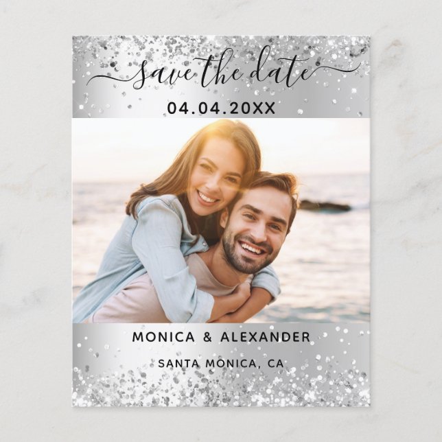 Silver sparkles photo wedding Save the Date (Front)