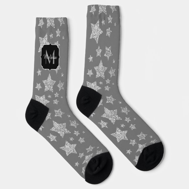 Silver sparkles Stars pattern light grey Monogram Socks (Right)