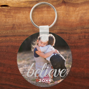 Silver Sparkly Believe Script Christmas Photo Keychain