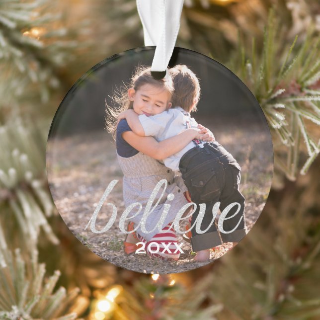 Silver Sparkly Believe Script Photo de Noël (Arbre)