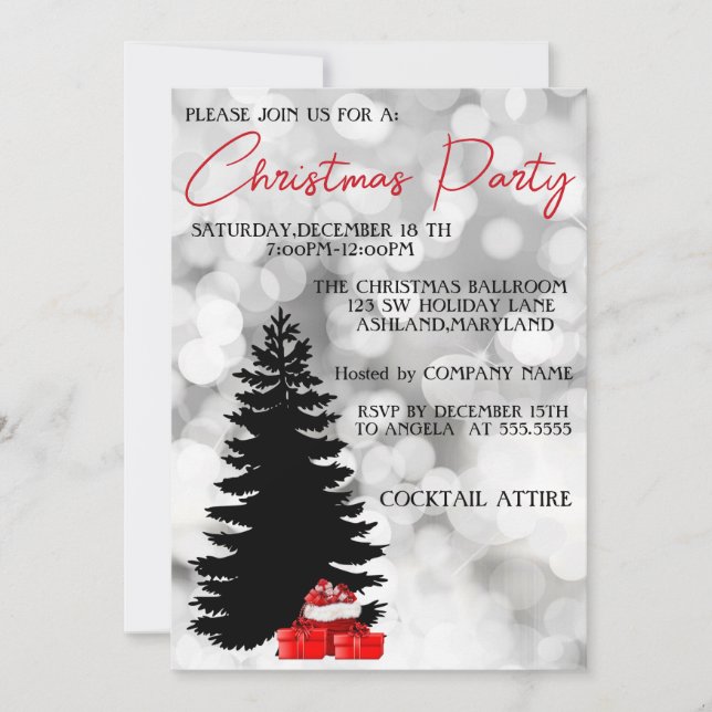 Silver Sparkly, Black Christmas Tree and Gifts Invitation (Front)