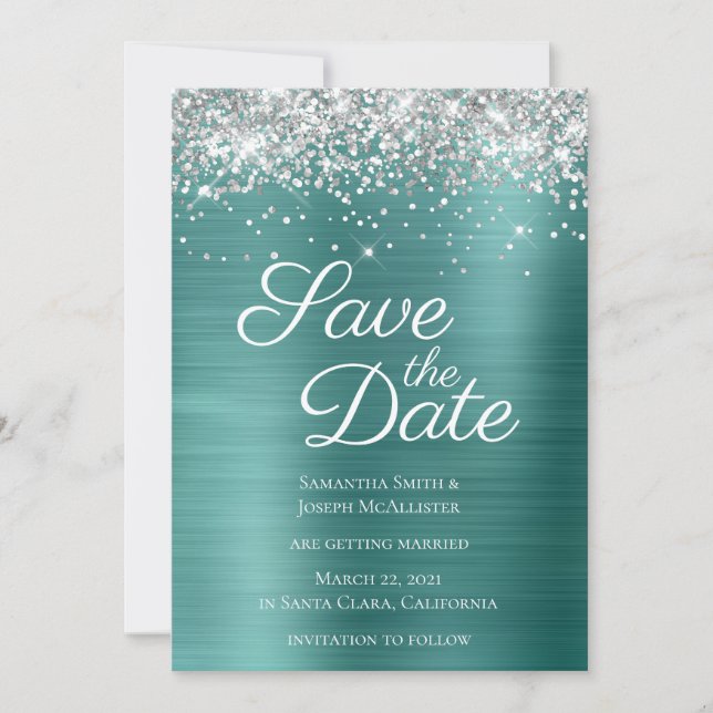 Silver Sparkly Glitter Aqua Teal Ombre Foil Save The Date (Front)