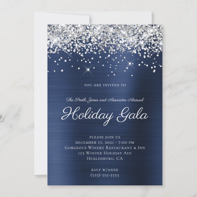 Silver Sparkly Glitter Navy Blue Foil Holiday Invitation (Front)