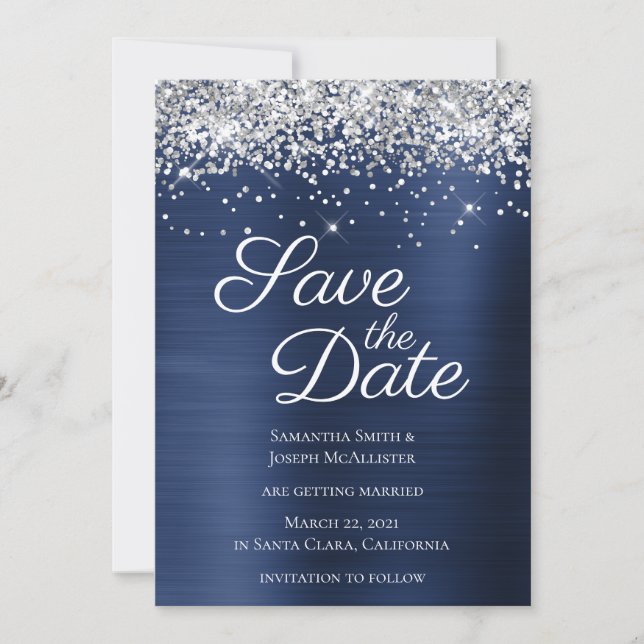 Silver Sparkly Glitter Navy Blue Ombre Foil Save The Date (Front)
