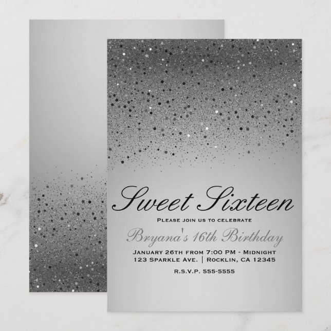 Silver Sparkly Glitter Sweet 16 Birthday Party Invitation (Front/Back)