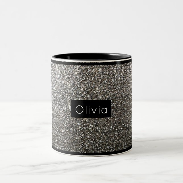 Silver Sparkly Glitter with Personalized Name Two-Tone Coffee Mug (Center)