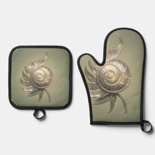 Silver Spiral Fern Shell Art Nouveau  Oven Mitt & Pot Holder Set (Front)