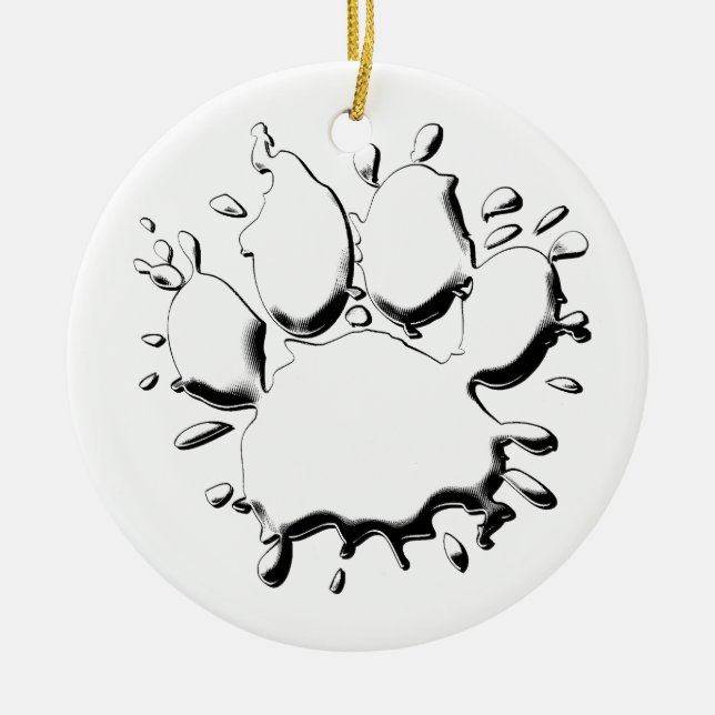 Silver Splatter Dog Paw Drawing Ceramic Ornament (Front)