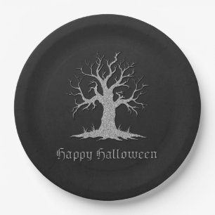 Silver Spooky Tree Halloween Paper Plate