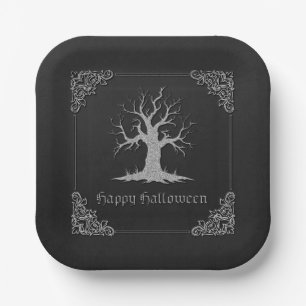 Silver Spooky Tree Halloween Paper Plate