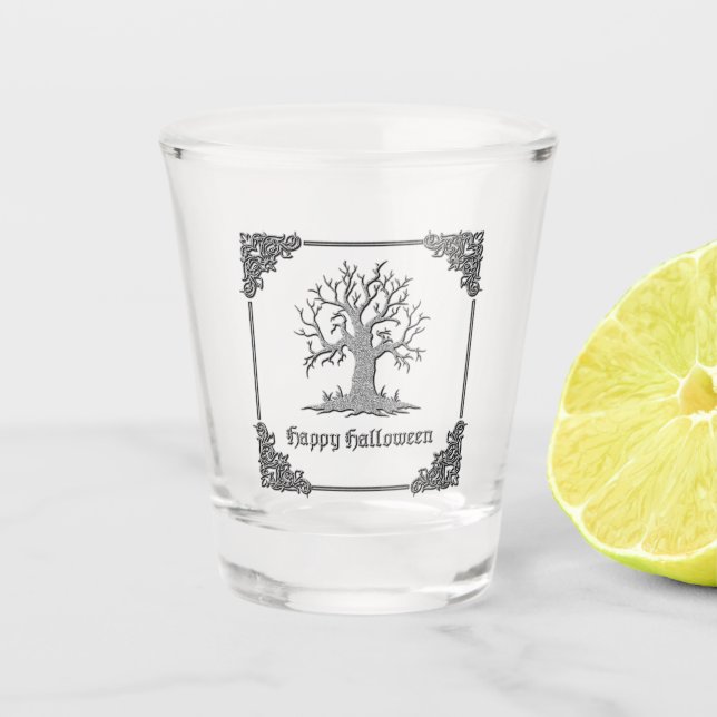 Silver Spooky Tree Halloween Shot Glass (Front)