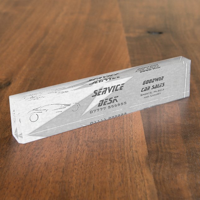 Silver sportscar, lightning, showroom service area nameplate (Side)