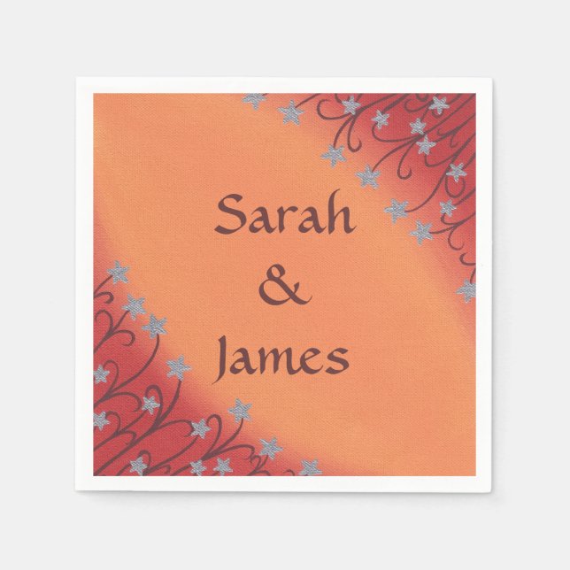 Silver Star Flowers on Orange Wedding Napkins (Front)