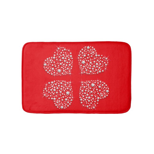 Silver Star Hearts on Red Background Bath Mat (Front)