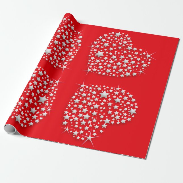 Silver Star Hearts on Red Background Wrapping Paper (Unrolled)