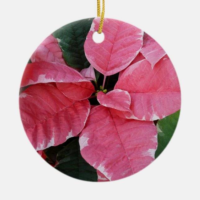 Silver Star Marble Poinsettias Pink Holiday Floral Ceramic Ornament (Front)