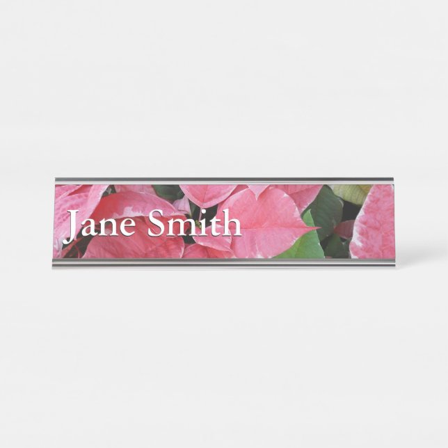 Silver Star Marble Poinsettias Pink Holiday Floral Desk Name Plate (Front)