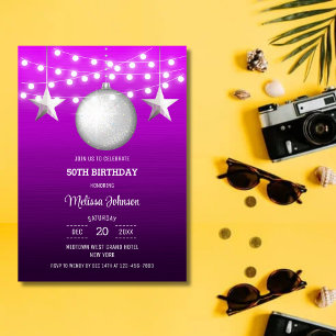 Silver Star String Light Magenta Gradient Birthday Invitation