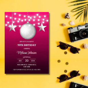 Silver Star String Light Pink Gradient Birthday Invitation