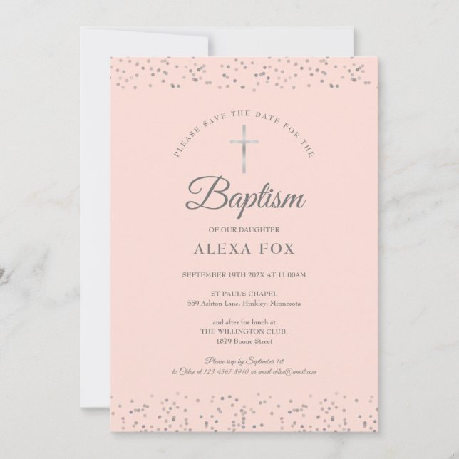 Silver Stardust Baptism Christening Blush Pink Save The Date (Front)
