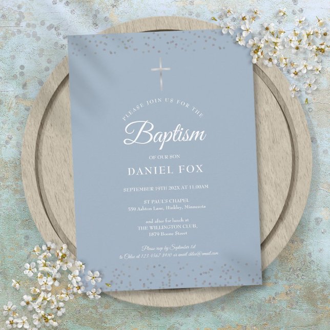 Silver Stardust Baptism Christening Dusty Blue Invitation (Silver Stardust Baptism Christening Dusty Blue Invitation)