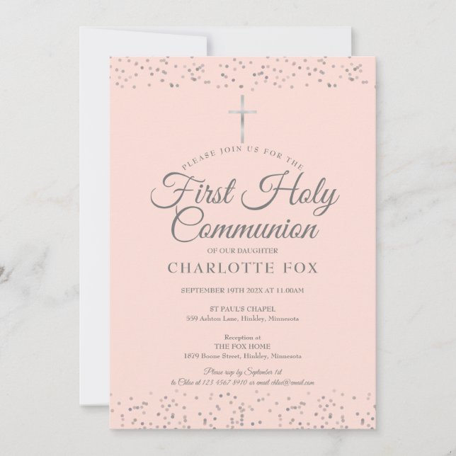 Silver Stardust First Holy Communion Blush Pink Invitation (Front)