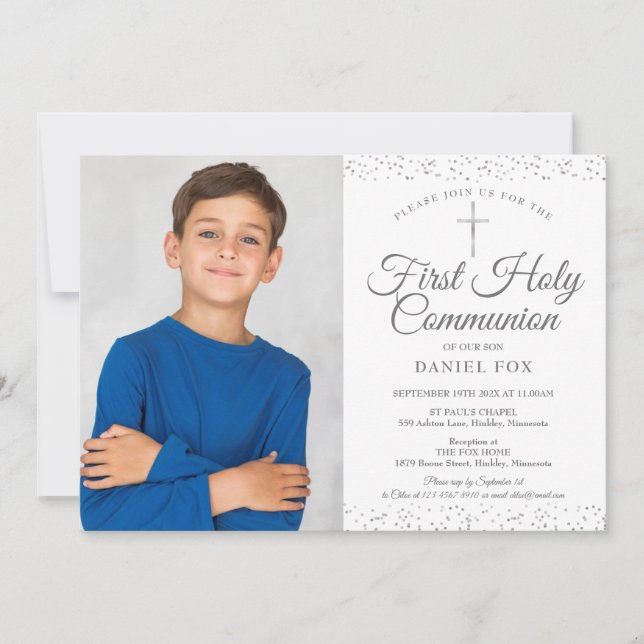 Silver Stardust First Holy Communion Photo Invitation (Front)