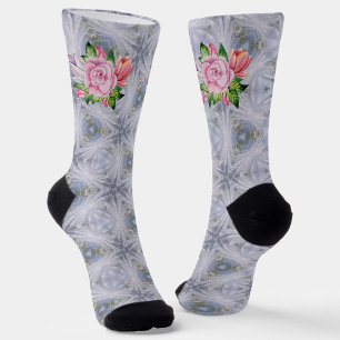 Silver Stars And Pink Roses Socks
