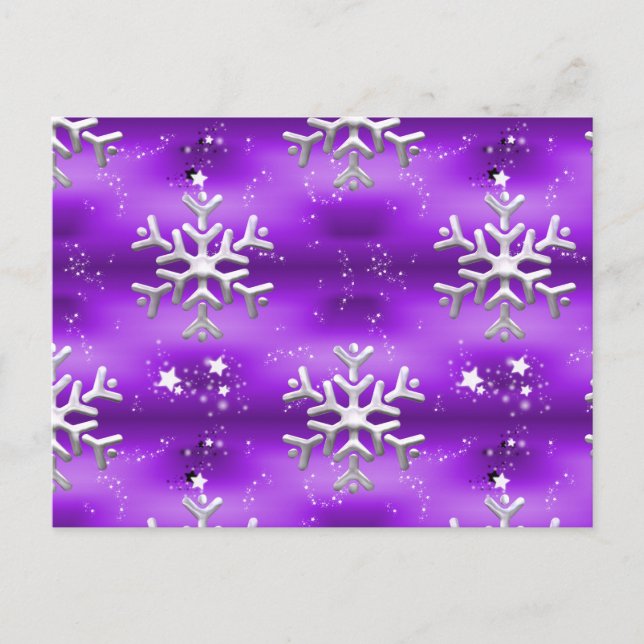 Silver Stars and Snowflakes on Purple Christmas Postcard (Front)