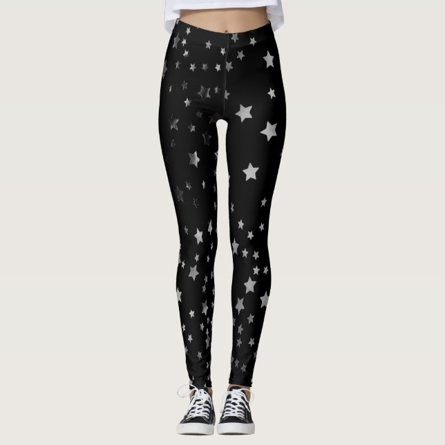 Silver Stars Black Leggings Witch Halloween (Front)