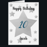 Silver Stars Boy 10th Birthday<br><div class="desc">Personalized boy birthday card that features stars sprinkled across the front. You can easily personalize the big silver star with his age and name underneath the star. The inside card message reads "Happy Birthday to the best kid ever!" and can also be easily personalized if you wanted. The back of...</div>