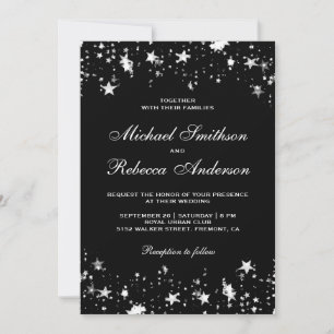Silver Stars Confetti Black QR Code Wedding Invitation
