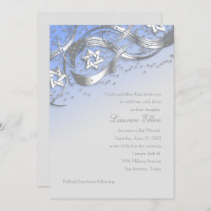 Silver Stars Confetti Flourish Bat Mitzvah Blue Invitation