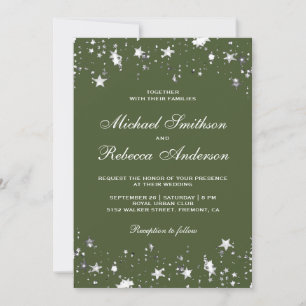 Silver Stars Confetti Olive Green QR Code Wedding Invitation
