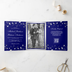 Silver Stars Confetti Royal Blue QR Code Wedding Tri-Fold Invitation