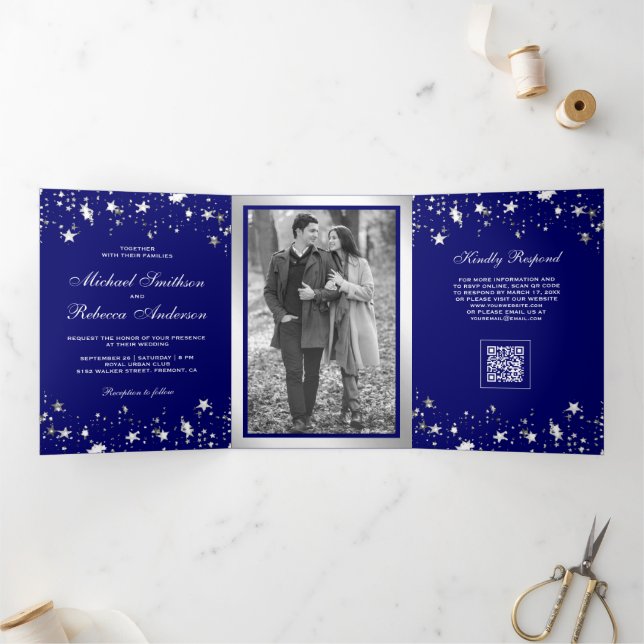 Silver Stars Confetti Royal Blue QR Code Wedding Tri-Fold Invitation (Inside)