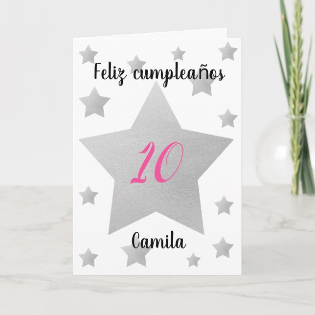 Silver Stars Girl Spanish Birthday Card (Front)