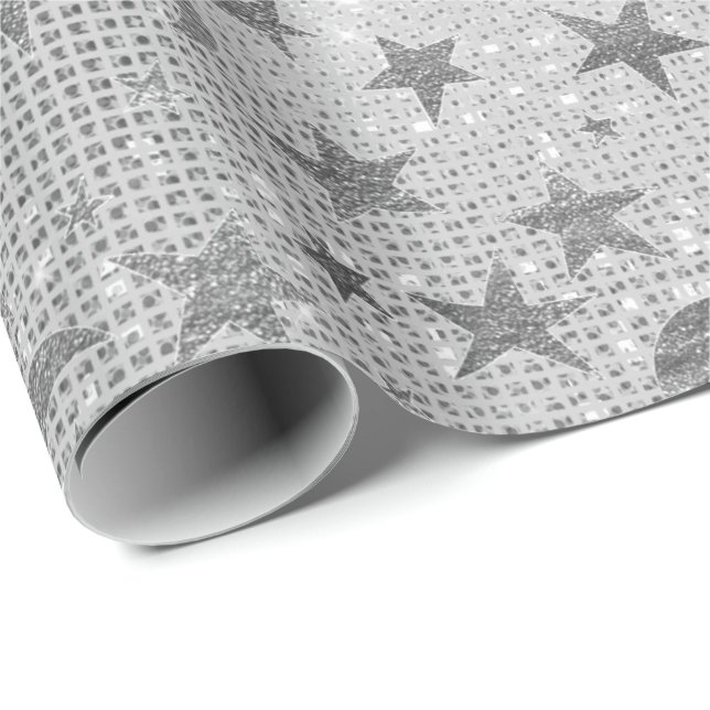 Silver Stars Moon Celestial Sky Sequin Grey VIP Wrapping Paper (Roll Corner)