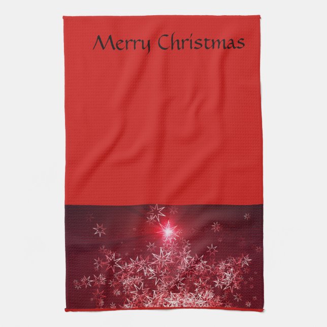 Silver stars on a red background kitchen towel (Vertical)