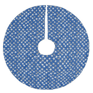 Silver stars on cobalt blue brushed polyester tree skirt