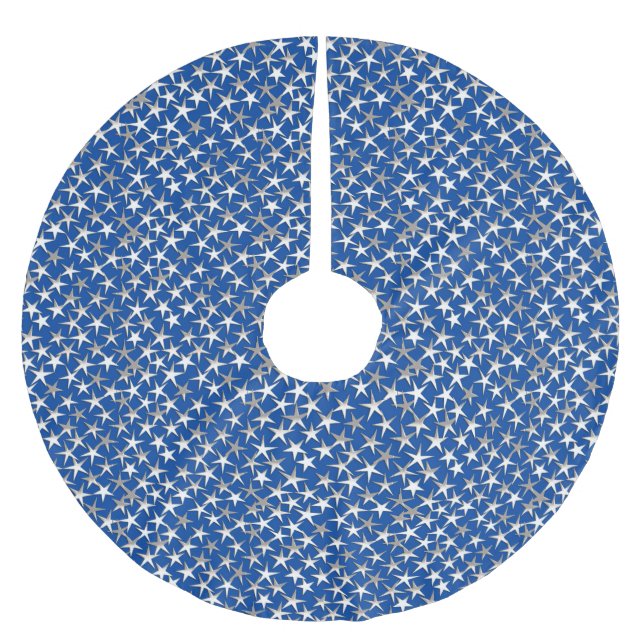 Silver stars on cobalt blue brushed polyester tree skirt (Front)
