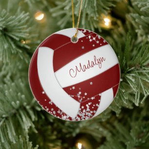 silver stars on cute keepsake maroon volleyball ceramic ornament