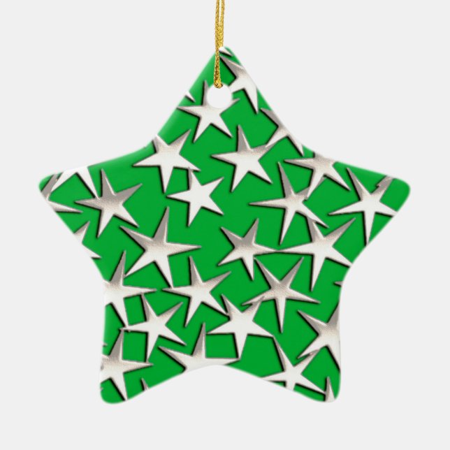 Silver stars on emerald green ceramic ornament (Front)
