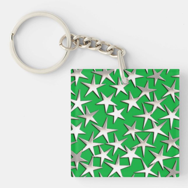 Silver stars on emerald green keychain (Front)