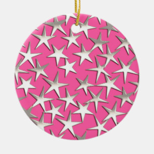 Silver stars on fuchsia pink ceramic ornament