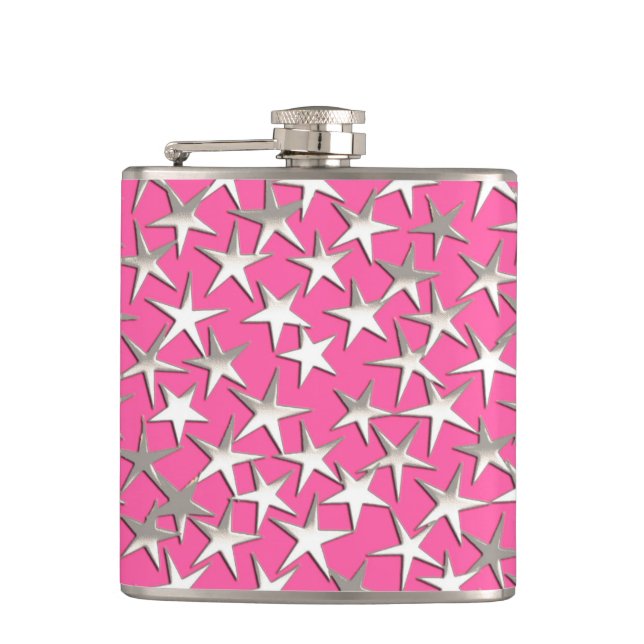Silver stars on fuchsia pink hip flask (Front)