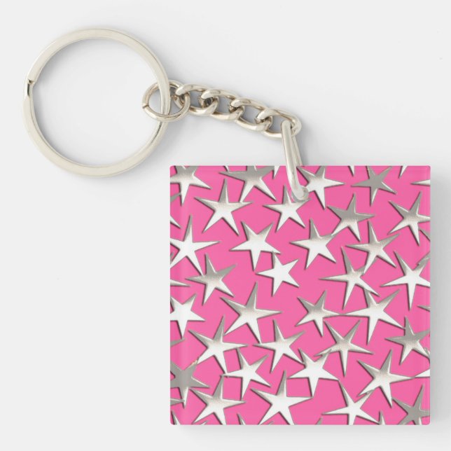 Silver stars on fuchsia pink keychain (Front)