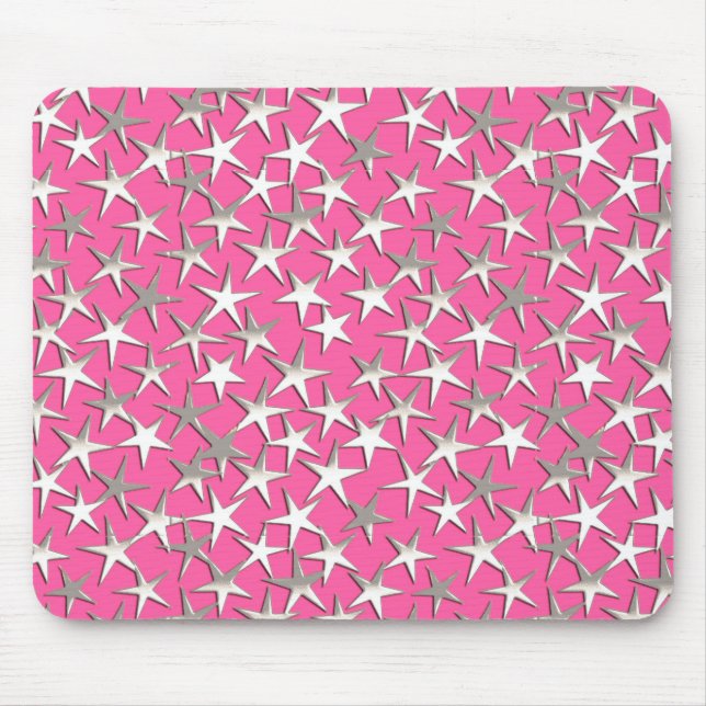 Silver stars on fuchsia pink mouse pad (Front)