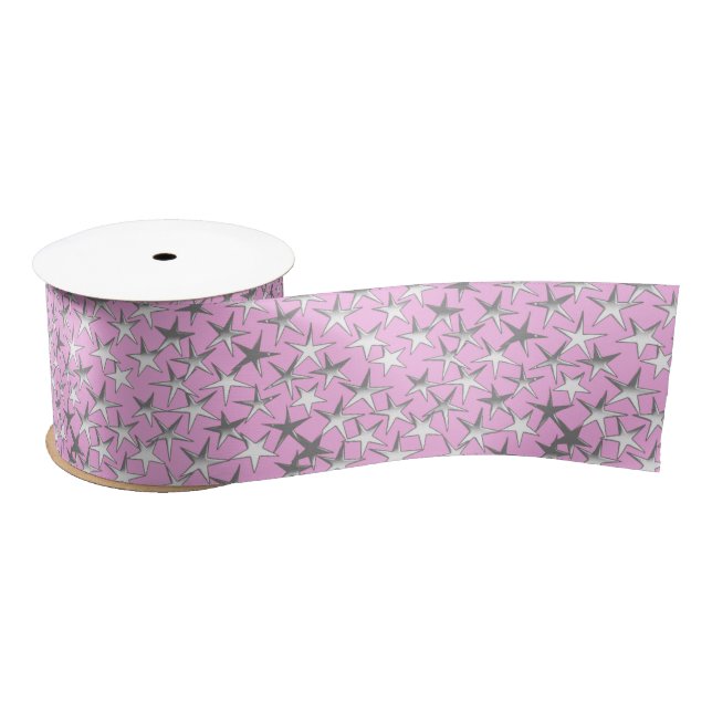 Silver Stars on Pastel Pink Satin Ribbon (Spool)