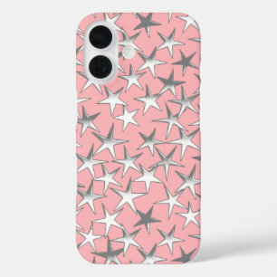Silver stars, on shell pink iPhone 16 case
